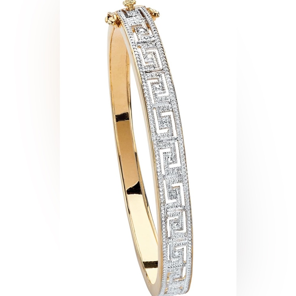Yellow Gold-plated Genuine Diamond Accent Greek Key Bangle Bracelet l